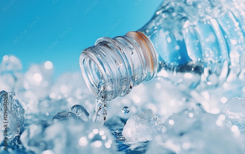 Clear Water Bottle Pouring Fresh Liquid on Ice Cubes Background Clear Water Bottle Pouring Fresh Liquid on Ice Cubes Background