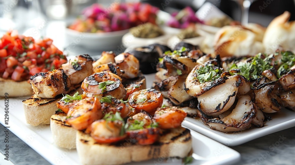 A delicious serving of various foods beautifully presented on a white plate A delicious serving of various foods beautifully presented on a white plate