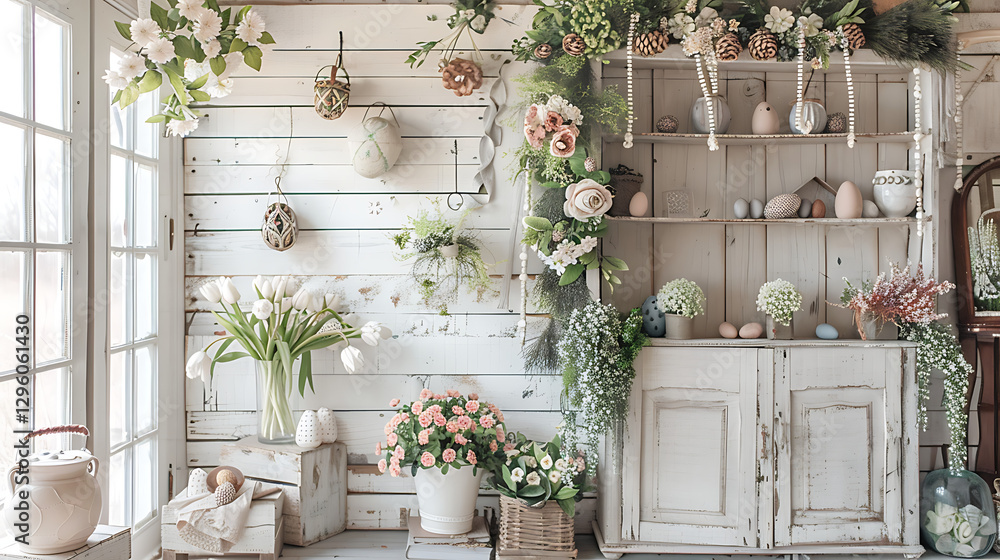 Fototapeta premium A cozy cottage decorated with Easter garlands, eggs, and fresh flowers