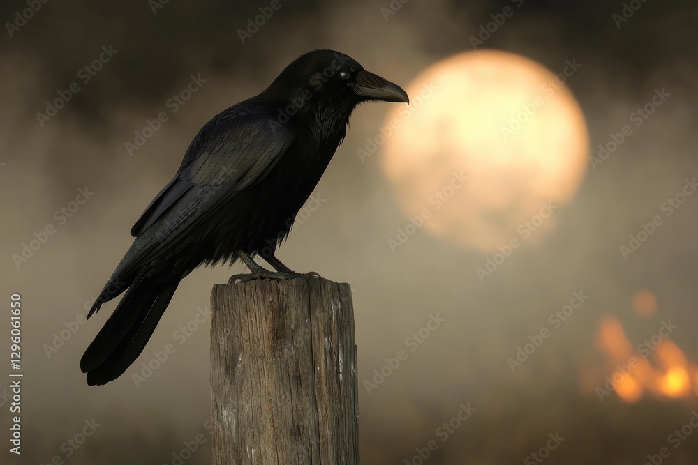 Obraz premium Dark raven perched on weathered post, silhouetted against glowin