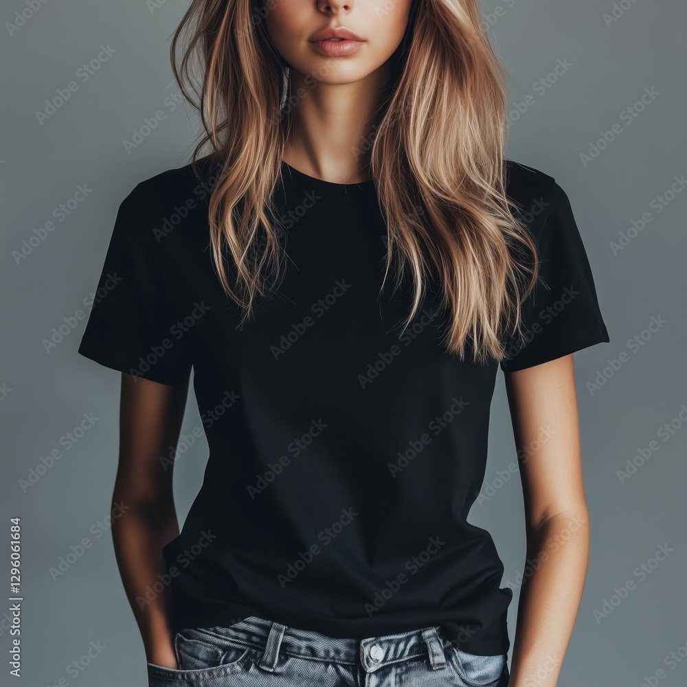 Realistic photographic mockup of a black t-shirt worn by a model in a casual setting Realistic photographic mockup of a black t-shirt worn by a model in a casual setting