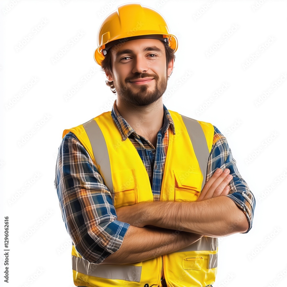 Construction worker wearing yellow hard hat and safety vest on white background Construction worker wearing yellow hard hat and safety vest on white background