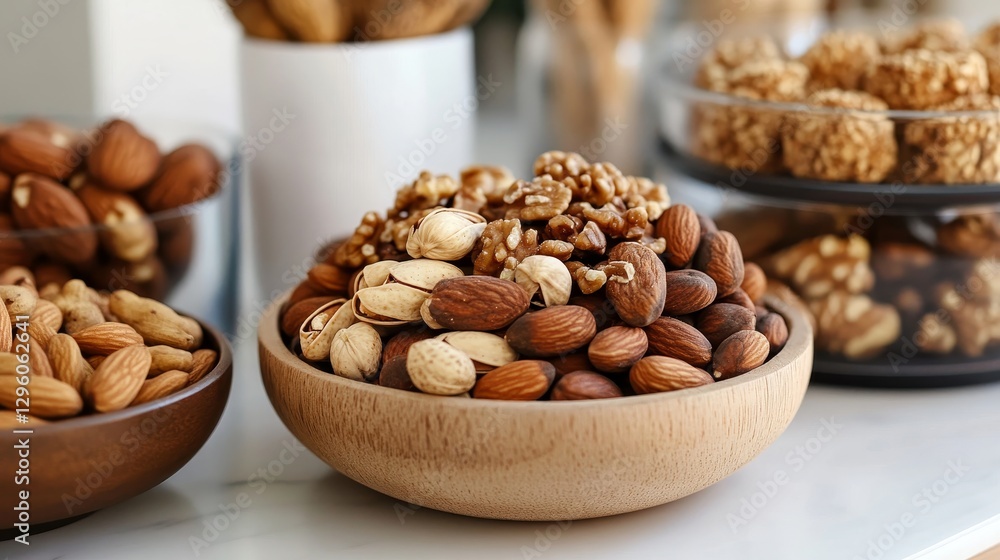 Nut medley a delicious blend of almonds, cashews, walnuts, and pecans for snacking Nut medley a delicious blend of almonds, cashews, walnuts, and pecans for snacking