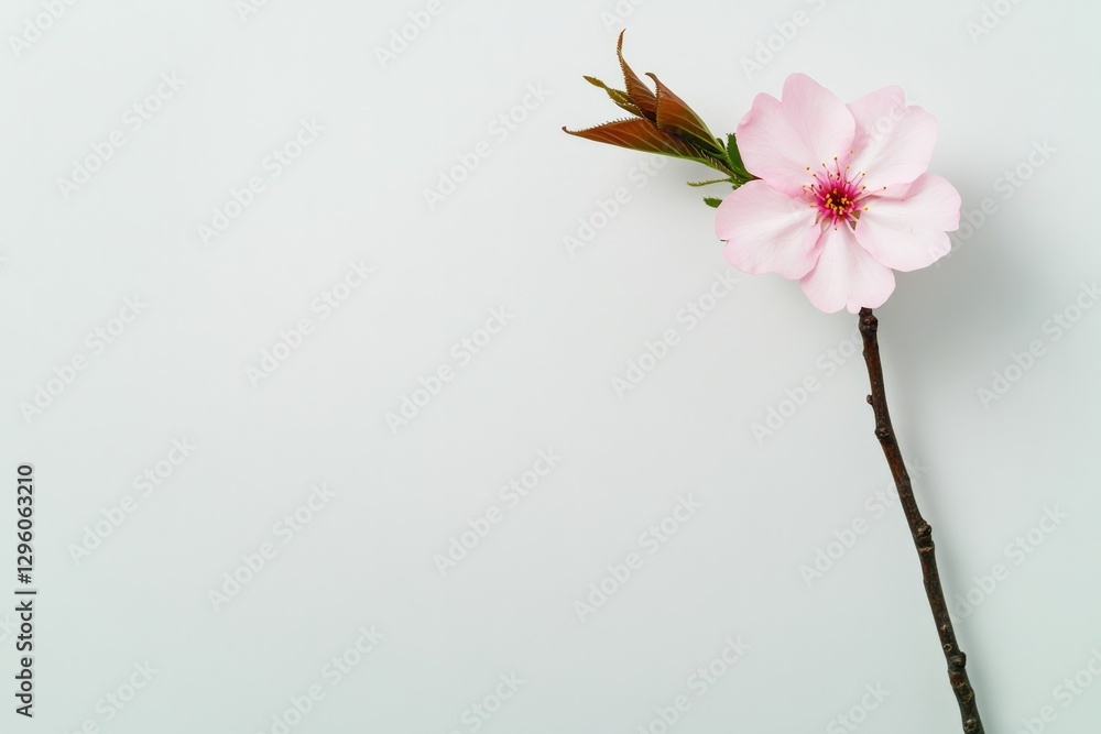 Obraz premium Delicate pink flower on branch, showcasing soft petals against n