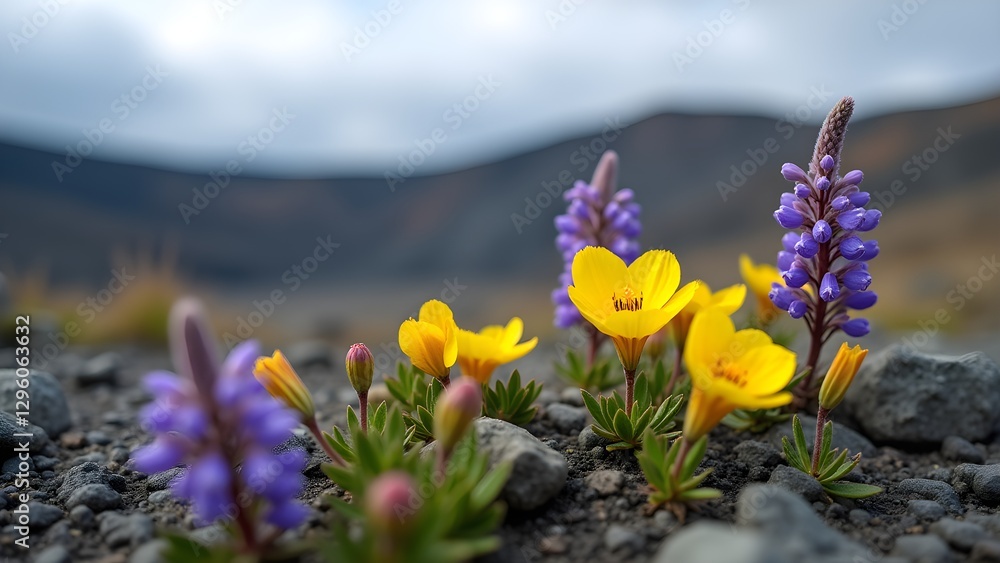 Obraz premium Alpine Wildflowers in Mountain Landscape: Yellow and Purple Blooms on Rocky Terrain in Natural Setting