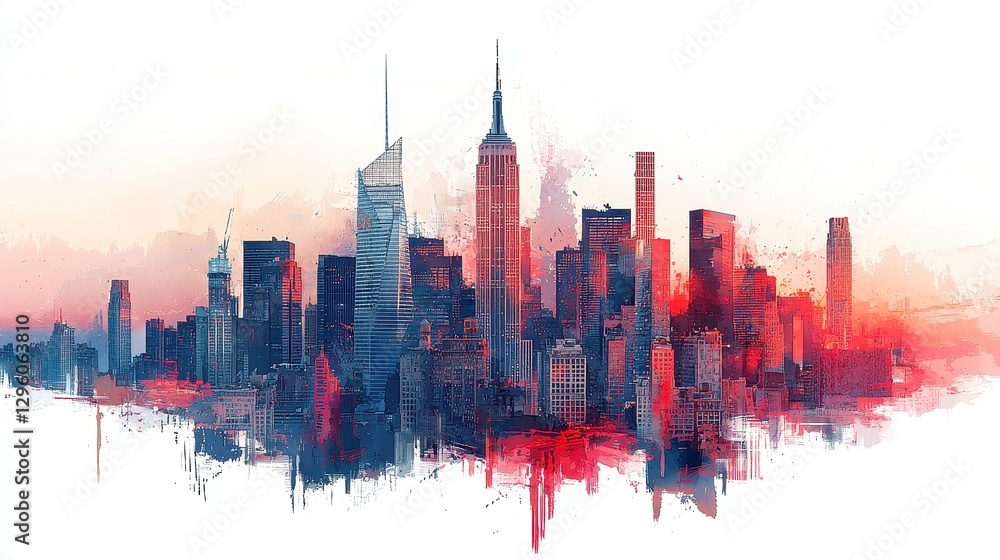 Obraz premium Elegant Art Deco skyscrapers, sleek high-rises featuring geometric facades and ornate metalwork, embodying Jazz Age glamour in a wholesome watercolor illustration, isolated for clipart use.