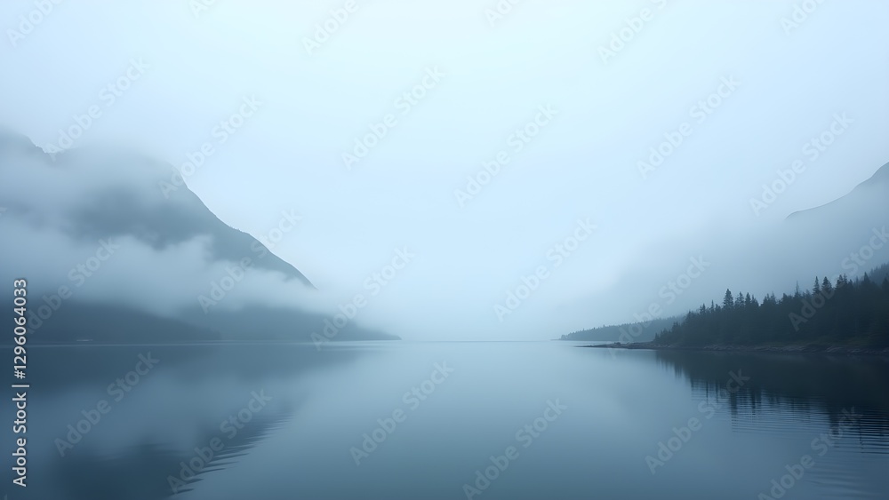 Fototapeta premium Still lake reflects mountains under heavy fog, creating an atmospheric and tranquil scenery