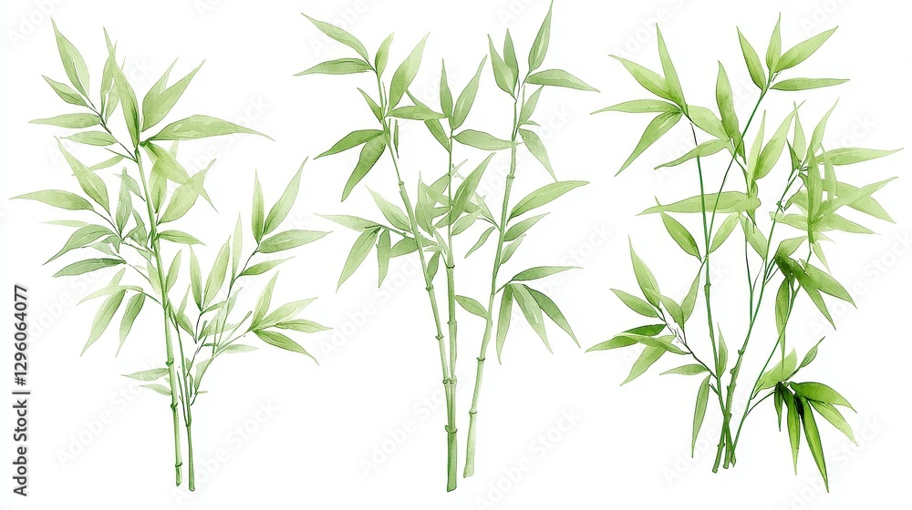 Fototapeta premium Bamboo Serenity, a watercolor illustration featuring towering green bamboo stalks swaying gently in the wind, embodies Zen simplicity on a clean white background, perfect for clipart use.