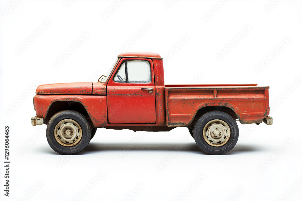 Side view of Pickup truck, Truck, miniature vehicle model, isolated on white Side view of Pickup truck, Truck, miniature vehicle model, isolated on white