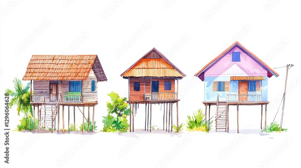 Wholesome watercolor depiction of Cambodian stilt houses, elevated wooden homes built for monsoon resilience, showcasing practical beauty in a vibrant clipart style on a white backdrop Wholesome watercolor depiction of Cambodian stilt houses, elevated wooden homes built for monsoon resilience, showcasing practical beauty in a vibrant clipart style on a white backdrop