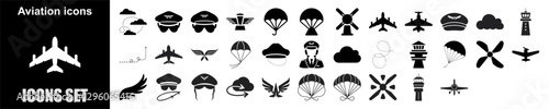 Aviation Icon Set for Airplane Flight Airport Pilot Travel Air Transport Aerospace Navigation