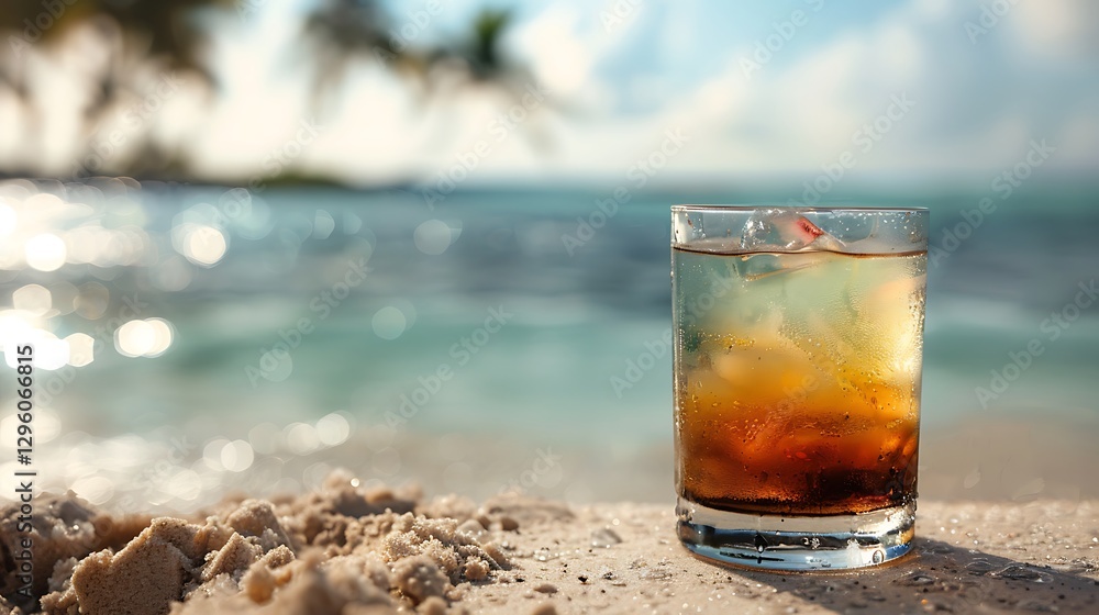 A vibrant fruit-filled mocktail in a condensation-covered glass resting on a soft beach towel with palm trees and the ocean forming a dreamy background A vibrant fruit-filled mocktail in a condensation-covered glass resting on a soft beach towel with palm trees and the ocean forming a dreamy background