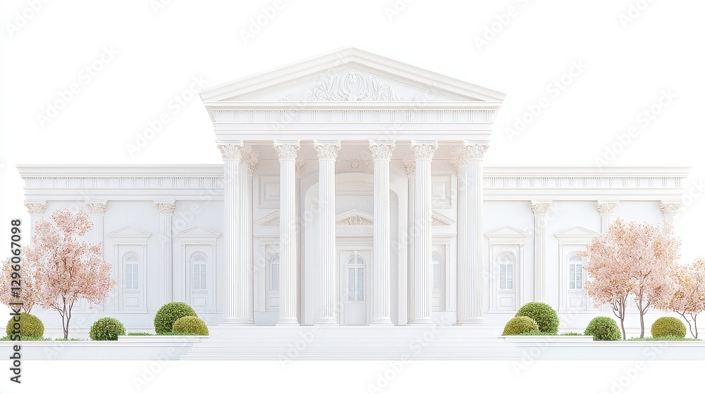 Fototapeta premium Wholesome watercolor illustration of Greek Neoclassical buildings featuring symmetrical structures, grand columns, and pediments, embodying timeless sophistication in a die-cut clipart design.