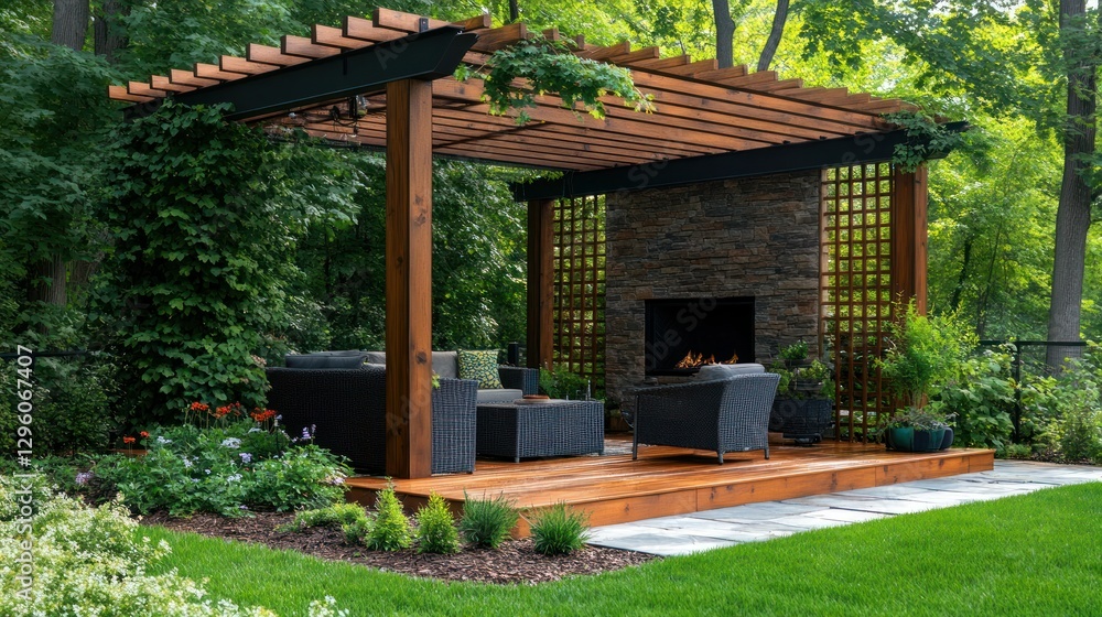 Naklejka premium Wooden pergola with fireplace, outdoor seating area