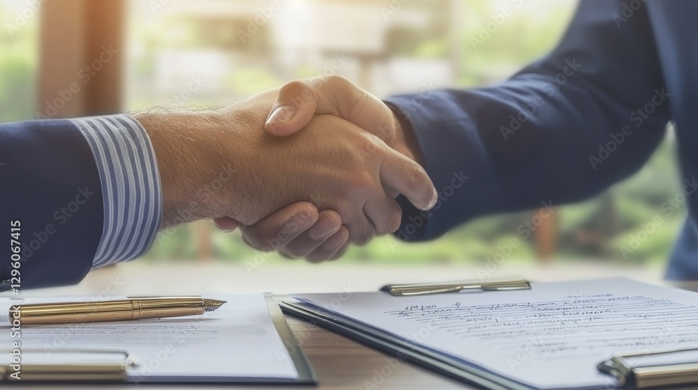Business Partners Shaking Hands Over Contract in Modern Office Setting Business Partners Shaking Hands Over Contract in Modern Office Setting