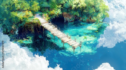 Whimsical watercolor depiction of Hidden Valley, a serene green oasis featuring a winding river, charming wooden bridges, and untouched natural beauty on a clean background