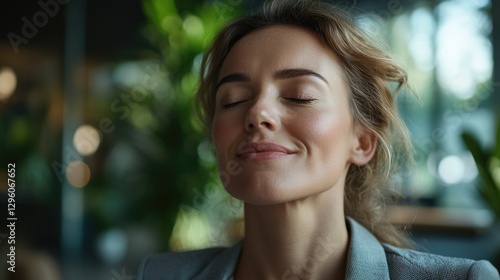 Obraz na płótnie A young professional woman exuding confidence with a slight smile, eyes closed in a moment of relaxation or deep thought. w salonie