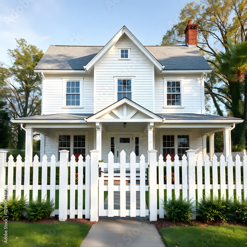 A large white house with a white picket fence and a chimney