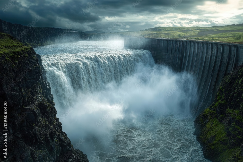 towering dam unleashes a frothy cascade into a misty gorge, emerald cliffs gleam under a stormy sky, raw power pulsing through a wild, eco-rich landscape. towering dam unleashes a frothy cascade into a misty gorge, emerald cliffs gleam under a stormy sky, raw power pulsing through a wild, eco-rich landscape.