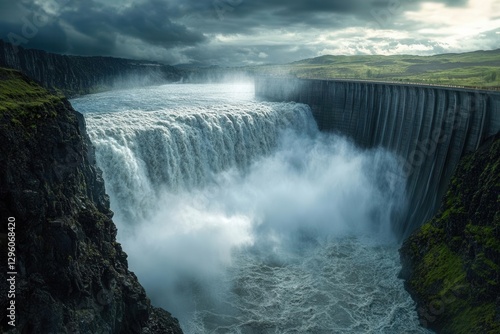towering dam unleashes a frothy cascade into a misty gorge, emerald cliffs gleam under a stormy sky, raw power pulsing through a wild, eco-rich landscape.