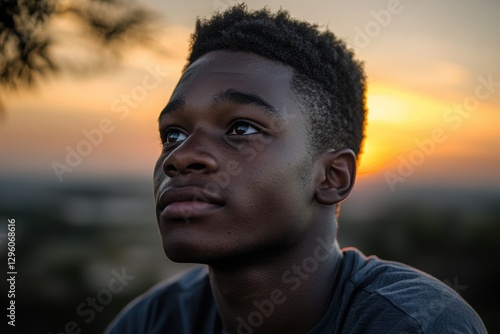 A young man against the backdrop of a sunset, with an expression full of determination and hope for new opportunities. 