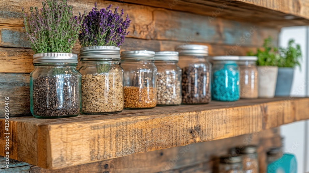 Wooden shelf, spice jars, herbs, kitchen Wooden shelf, spice jars, herbs, kitchen