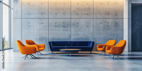 Modern Office Lounge Area With Blue Sofa and Orange Chairs