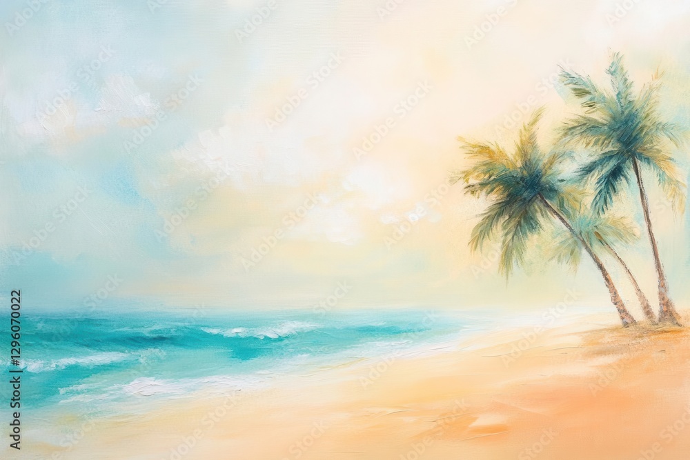 Fototapeta premium tropical oasis with golden sand, swaying palms, turquoise waves, soft pastel sky, idyllic summer vibe, blurred horizon, serene and inviting composition.