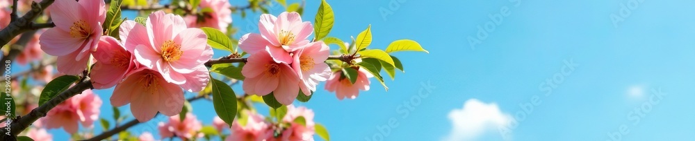 Obraz premium Lush apricot tree in full bloom against bright blue sky, foliage, spring background
