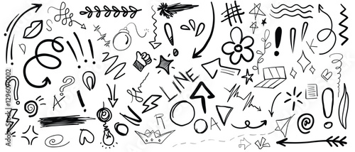 Simple sketch line style elements. ute Doodle pen line elements.Doodle arrow, heart, star, decoration symbol, icon set. Hand drawn sketch doodle cute star, emphasis, flower element.Vector illustration