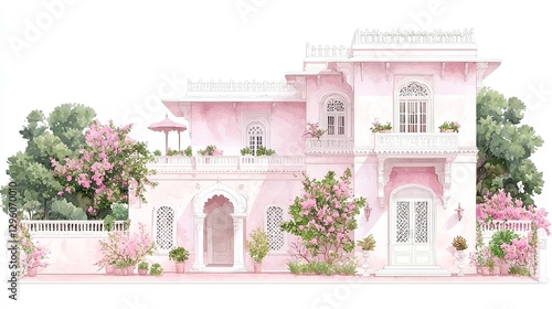 Whimsical watercolor depiction of Mughal Havelis, featuring courtyard mansions adorned with jharokha balconies and intricate carvings, showcasing regal splendor, isolated on white background. photo