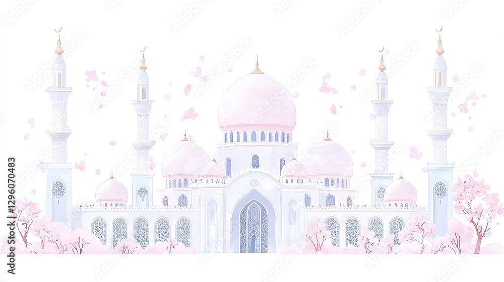 Fototapeta premium Wholesome watercolor illustration of Ottoman mosques featuring expansive domes, elegant minarets, intricate arabesque patterns, and architectural harmony on a white background