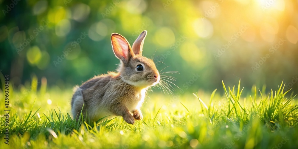 Fototapeta premium Adorable Fluffy Bunny Rabbit on Lush Green Grass - Copy Space for Text and Design - Stock Photo