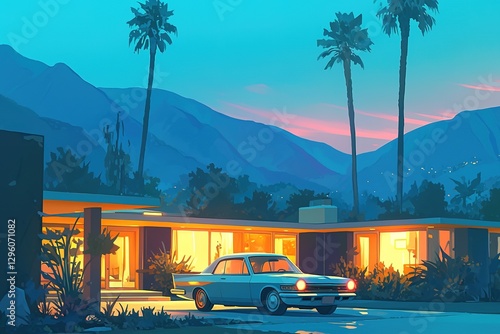 Wallpaper Mural Vintage car outside retro home at sunset with palm trees Torontodigital.ca