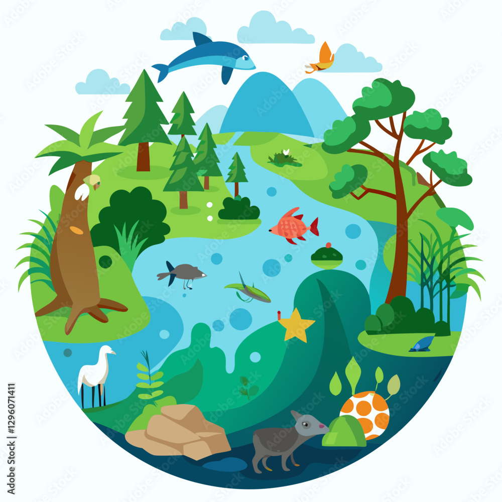 Fototapeta premium Ecosystem illustration with colorful animals and plants