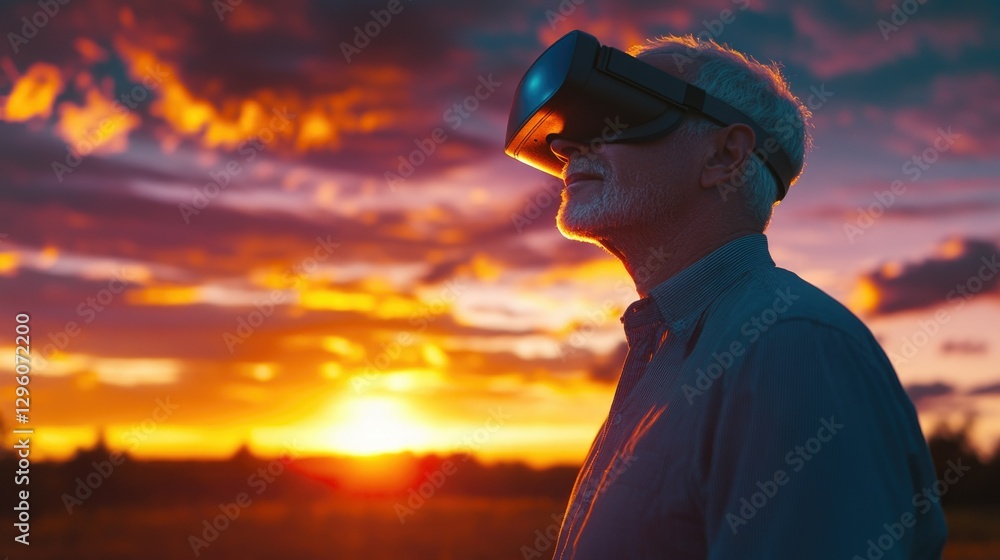 An older man enjoys a VR experience with headgear during a beautiful sunset. An older man enjoys a VR experience with headgear during a beautiful sunset.