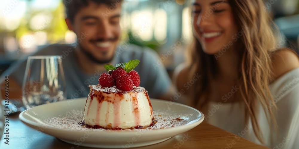 Customers enjoying delicious dessert with raspberries and mint in restaurant Customers enjoying delicious dessert with raspberries and mint in restaurant