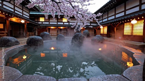 Traditional Ryokan Onsen: A Serene Outdoor Hot Spring with Cherry Blossoms