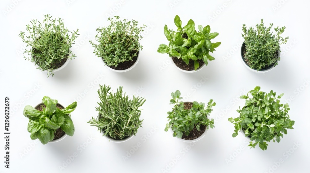 Naklejka premium Collection of Fresh Aromatic Culinary Herbs in Small White Pots, Top View Flat Lay