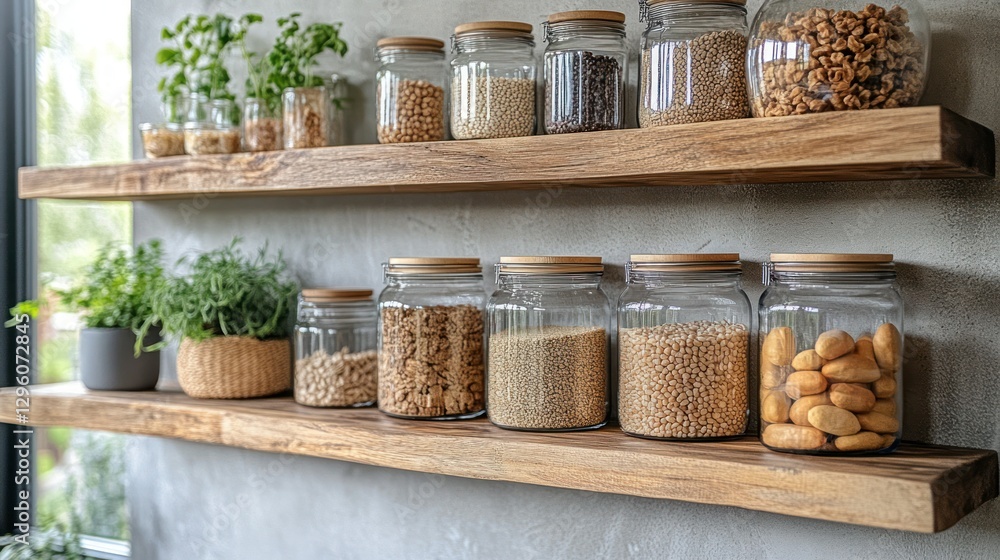Wooden shelves with glass jars of pantry goods Wooden shelves with glass jars of pantry goods