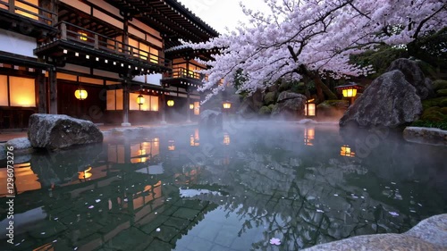 Traditional Ryokan Onsen: A Serene Outdoor Hot Spring with Cherry Blossoms