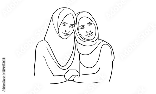 Young muslim womans in burqa, continuous line art drawing. Vector illustration isolated on white background 