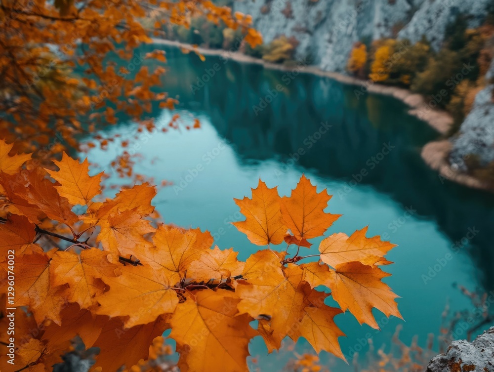 Autumn scene with a view over blue waters from rocky cliff covered in red maple leaves. Autumn scene with a view over blue waters from rocky cliff covered in red maple leaves.