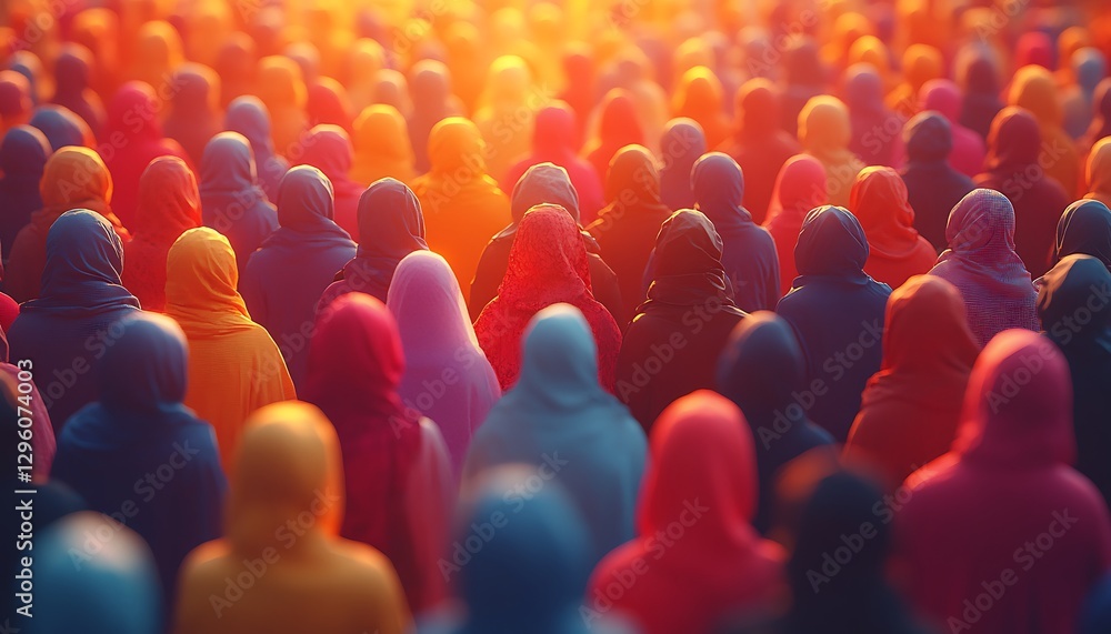 Fototapeta premium Vibrant Crowd in Colorful Hijabs Under Warm Light