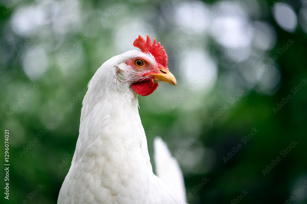 Free range white chicken Leghorn breed feeding on spring meadow Free range white chicken Leghorn breed feeding on spring meadow