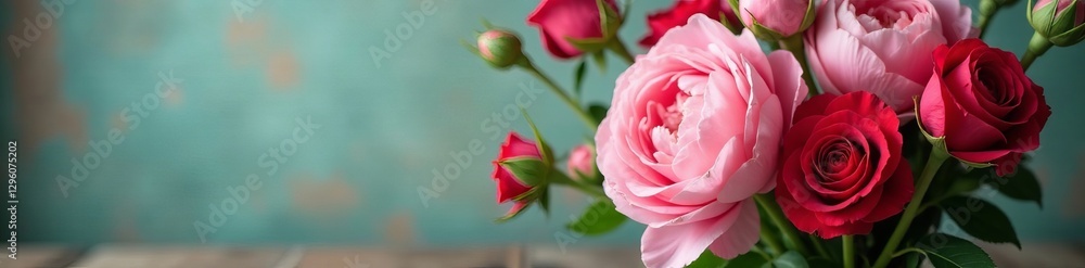 Soft pink peony and red roses bouquet on vintage table, peony, floral Soft pink peony and red roses bouquet on vintage table, peony, floral