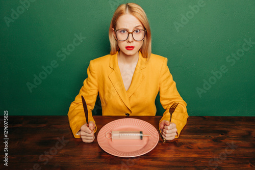 Woman in yellow suit with syringe on plate representing diet concept photo