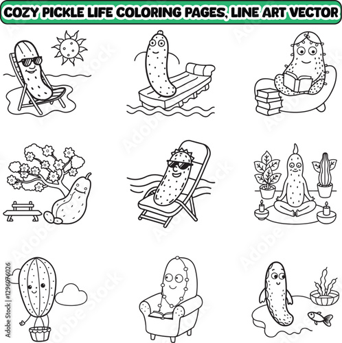 Cozy Pickle Life Coloring pages, Pickle coloring pages line art vector illustration, bold and easy coloring page