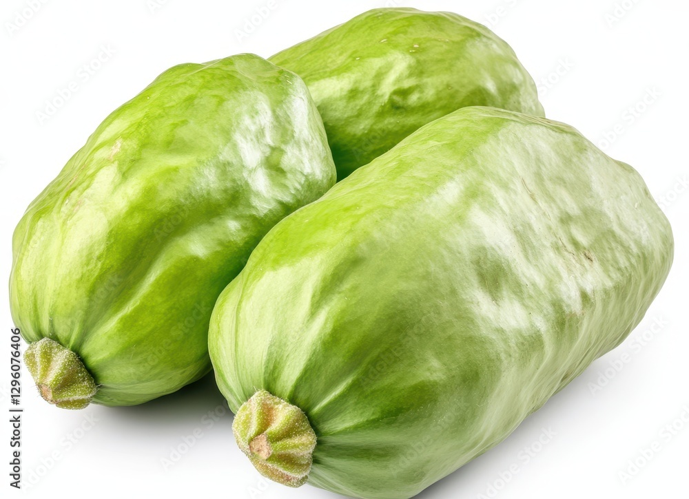 Fresh Green Chayote Squash Pile Ready for Cooking, Healthy Vegan Ingredients, Organic Produce, Close-Up of Raw Edible Vegetables on White Background Fresh Green Chayote Squash Pile Ready for Cooking, Healthy Vegan Ingredients, Organic Produce, Close-Up of Raw Edible Vegetables on White Background