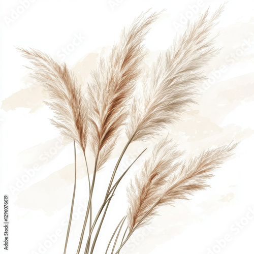 Illustration shows calming boho style water painted reed grass, simple nature